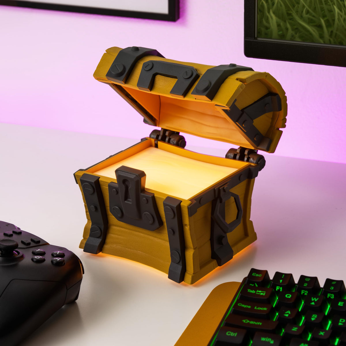 Paladone Fortnite Loot Chest Light with open lid showing treasure glow for desk setups.