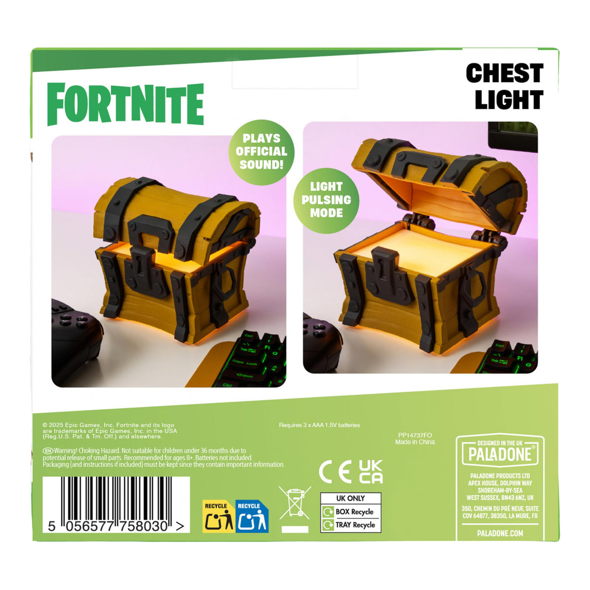 Paladone Fortnite Loot Chest Light packaging and licensing details for collectors.