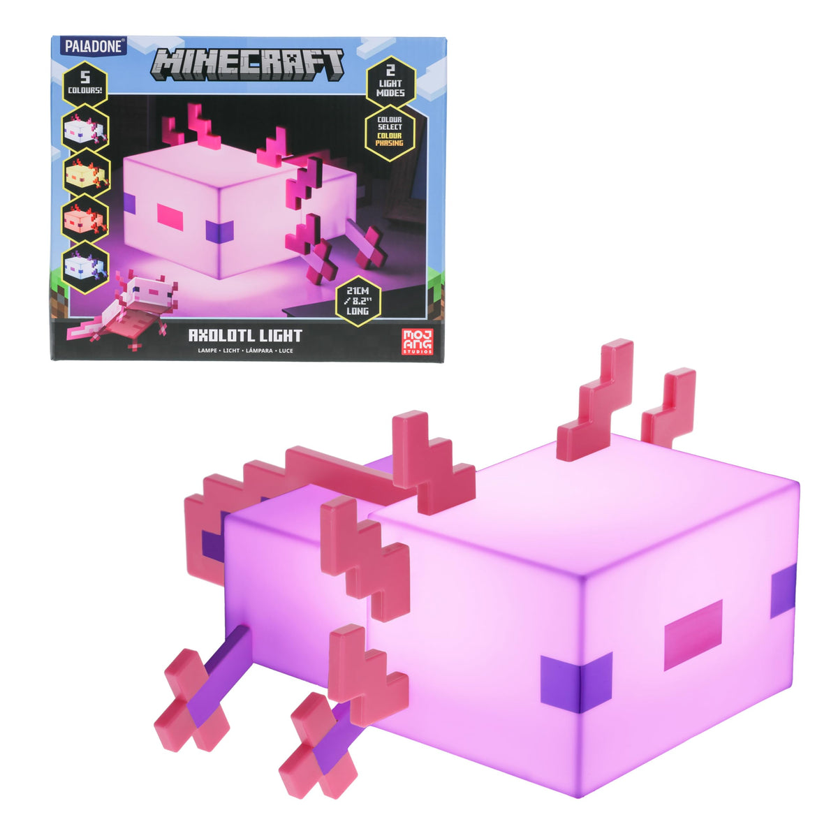 Paladone Minecraft Axolotl Light offers five color modes for versatile mood lighting.