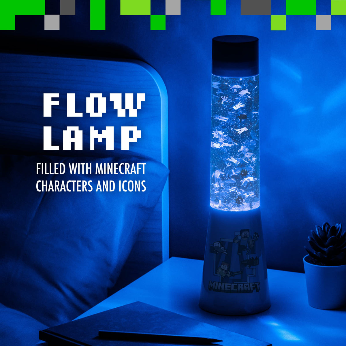 Paladone Minecraft Glitter Flow Lamp on desk adds ambient lighting for study and gaming