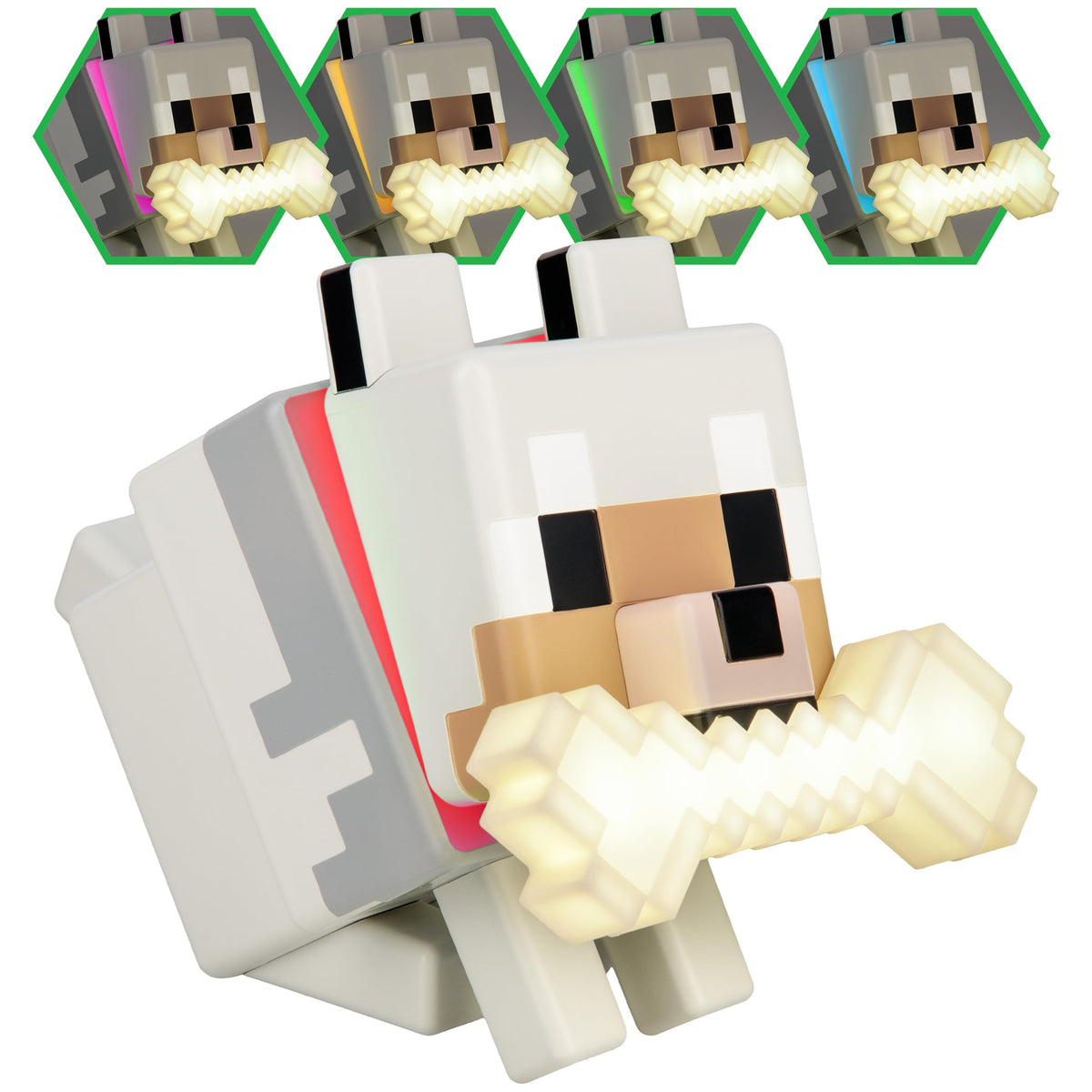 Paladone Minecraft Wolf GloBuddies light shows colour cycle, creating relaxing room accents
