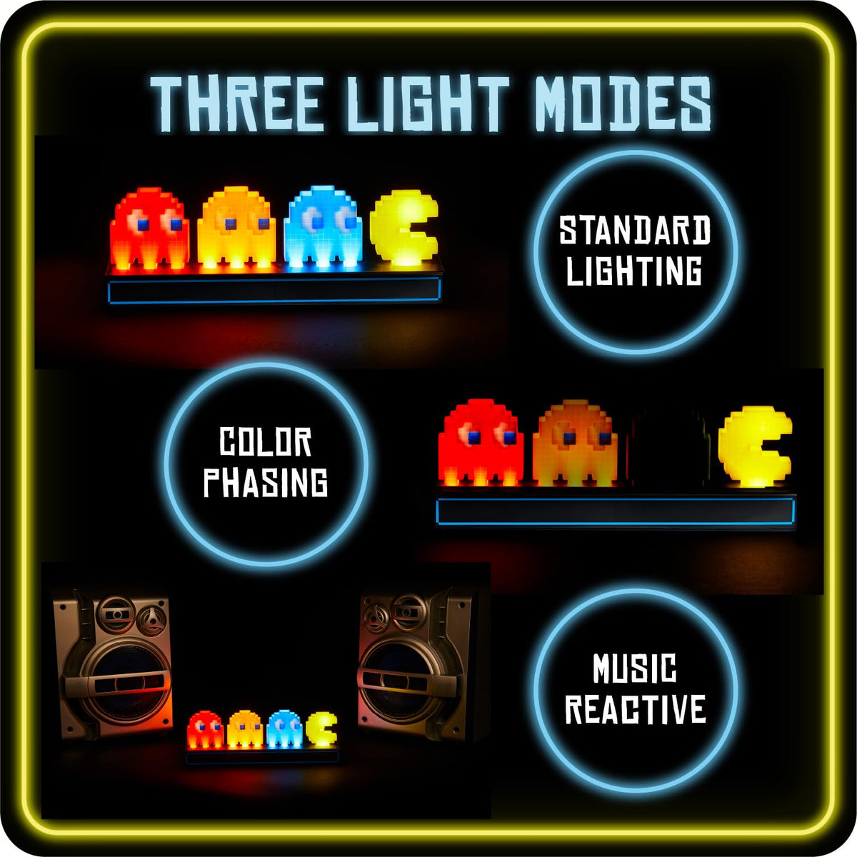 Paladone Pac-Man light on desk, ideal centerpiece for gaming den.