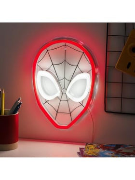 Paladone Spider-Man mask LED displays bright red color, ideal on a wall for hero-themed decor.