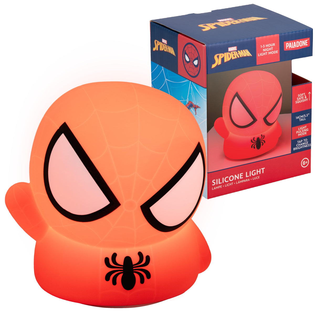 Paladone Spiderman SquishyGlo lamp on desk providing soft, kid-friendly illumination for study or play.