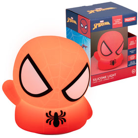 Paladone Spiderman SquishyGlo lamp on desk providing soft, kid-friendly illumination for study or play.