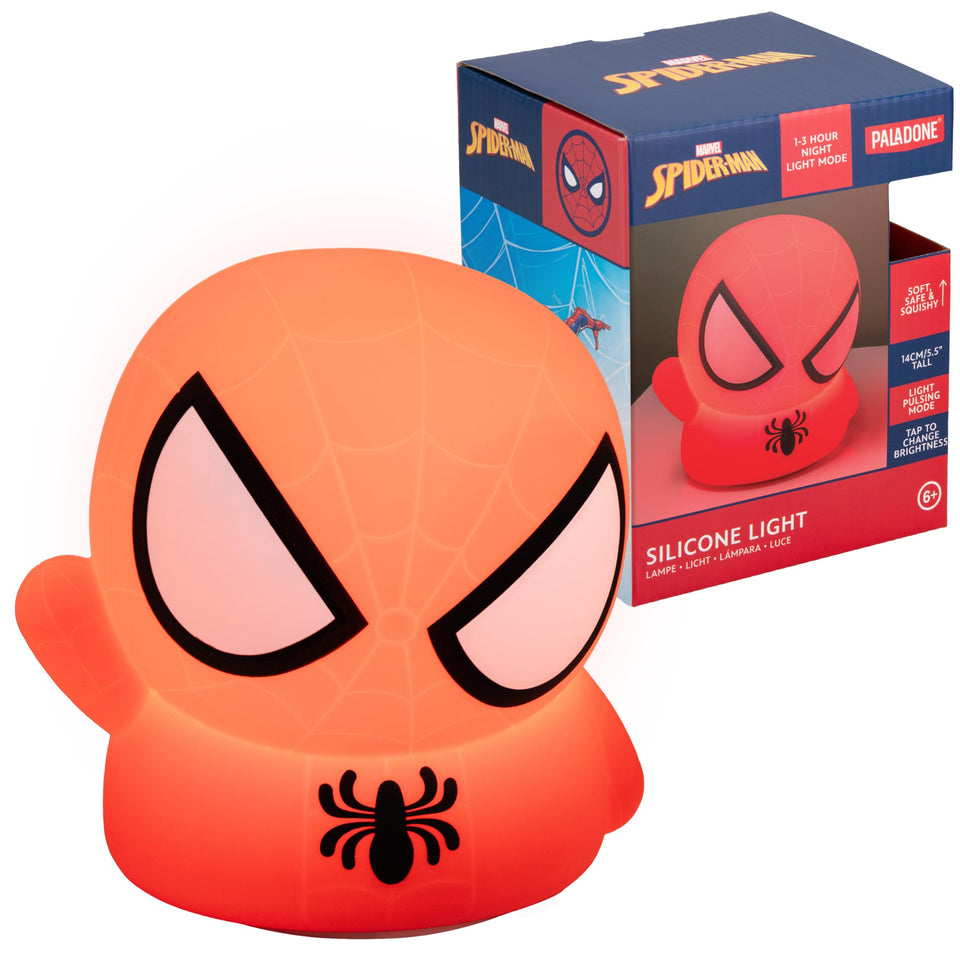 Paladone Spiderman SquishyGlo lamp on desk providing soft, kid-friendly illumination for study or play.