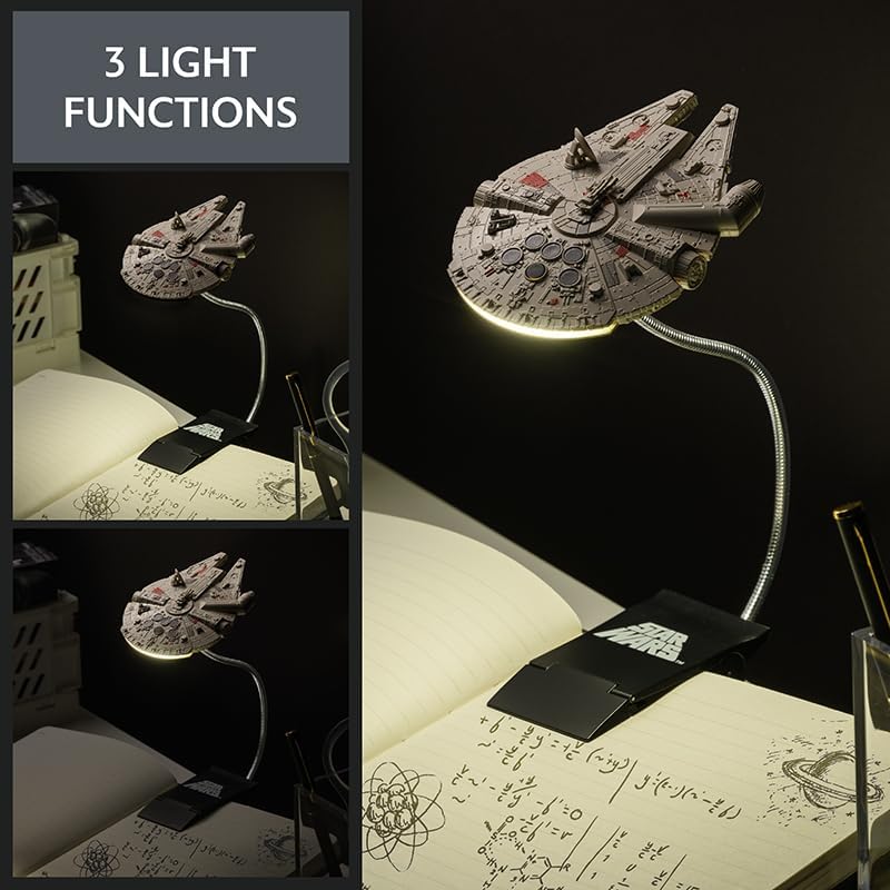 Paladone Millennium Falcon clip-on light with flexible arm for precise lighting.