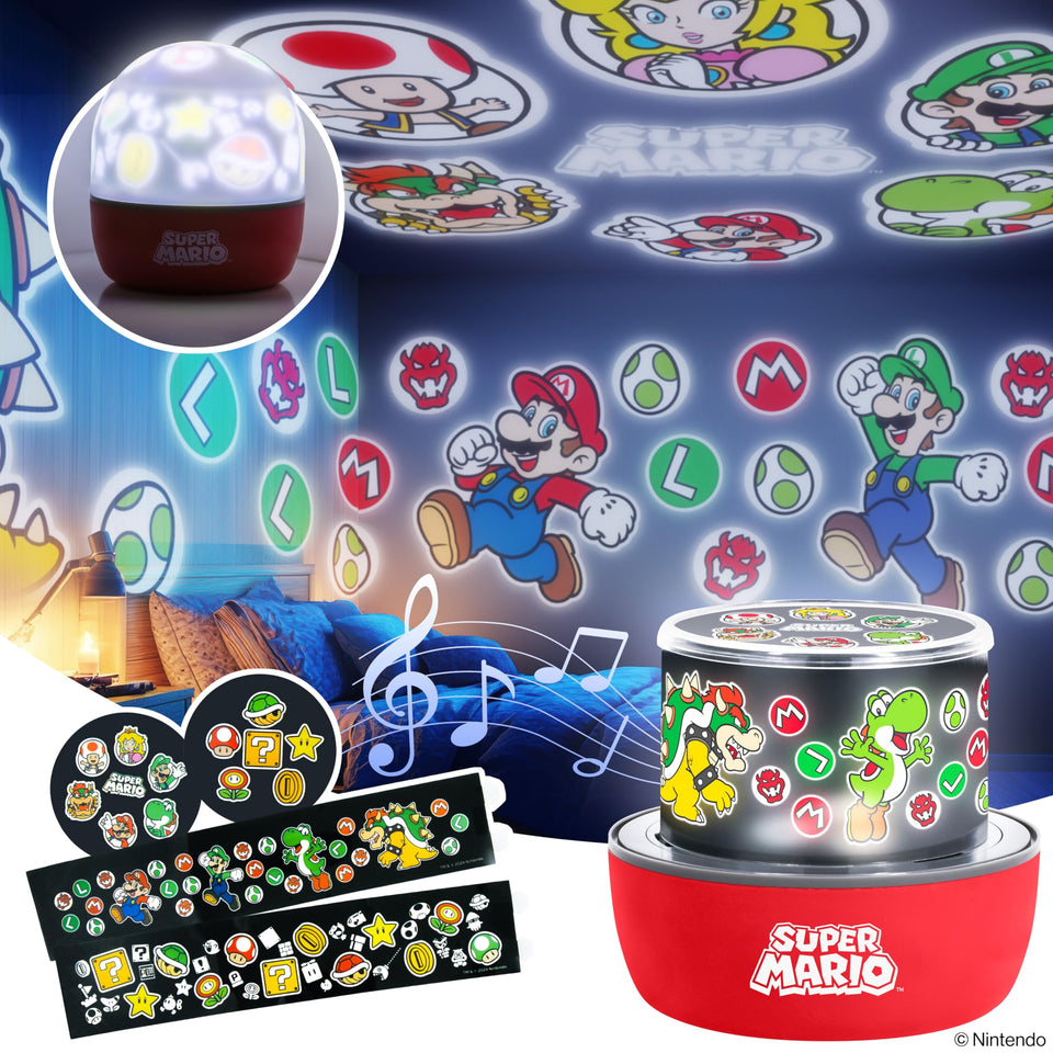 Paladone Super Mario Projection Light casts Scene 1 on walls for an immersive Mushroom Kingdom mood.