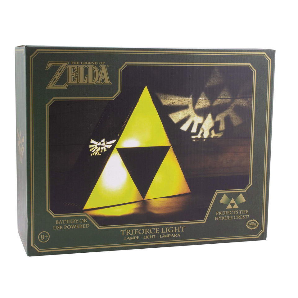 Paladone Zelda Triforce Night Light glowing on a shelf for ambient decor