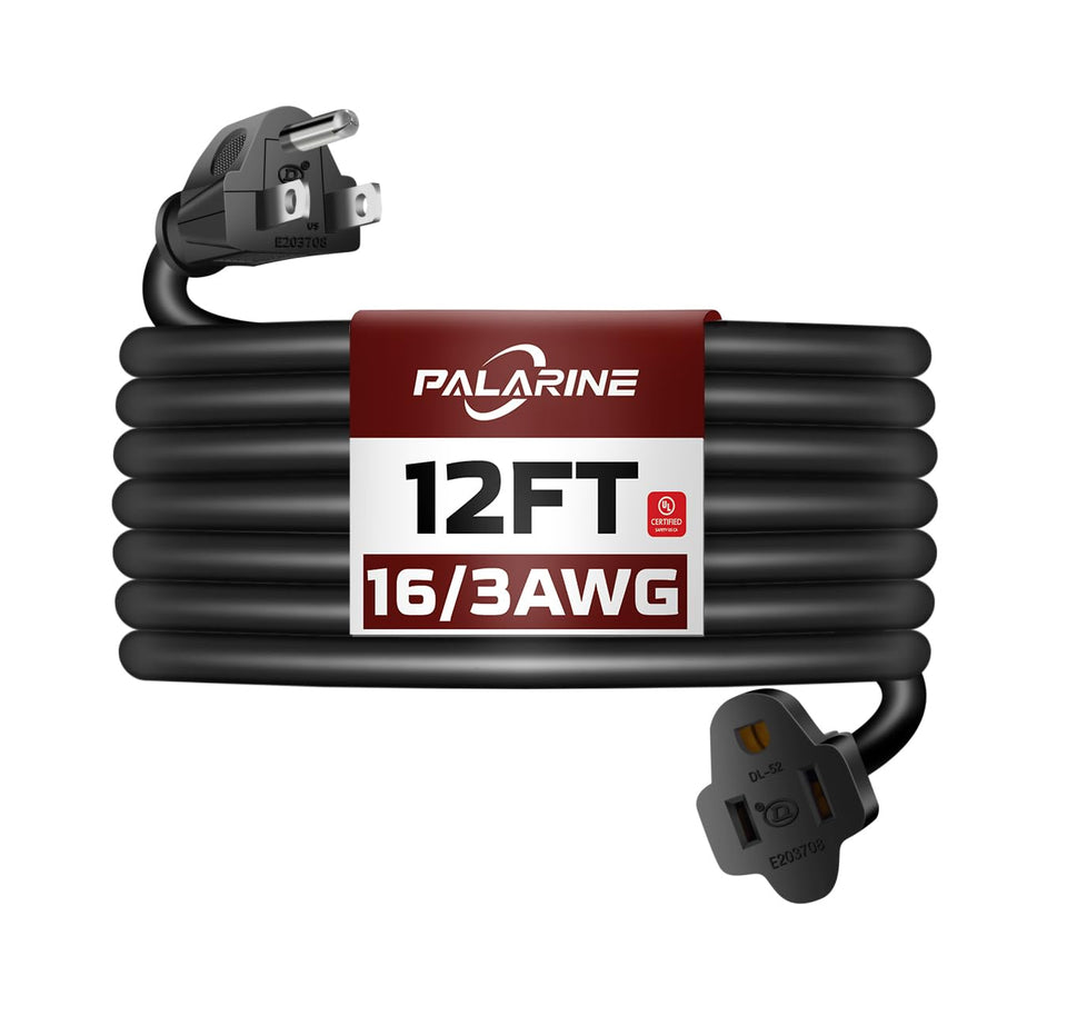 PALARINE 12ft black outdoor extension cord waterproof, ideal for lights and tools