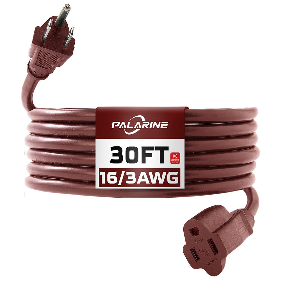 PALARINE 30ft brown outdoor extension cord ready for outdoor lighting and tools.