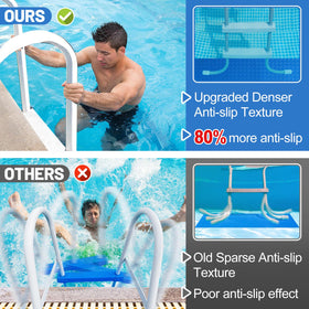 PAMASE pool ladder mat unfolded setup shows quick placement under stairs.