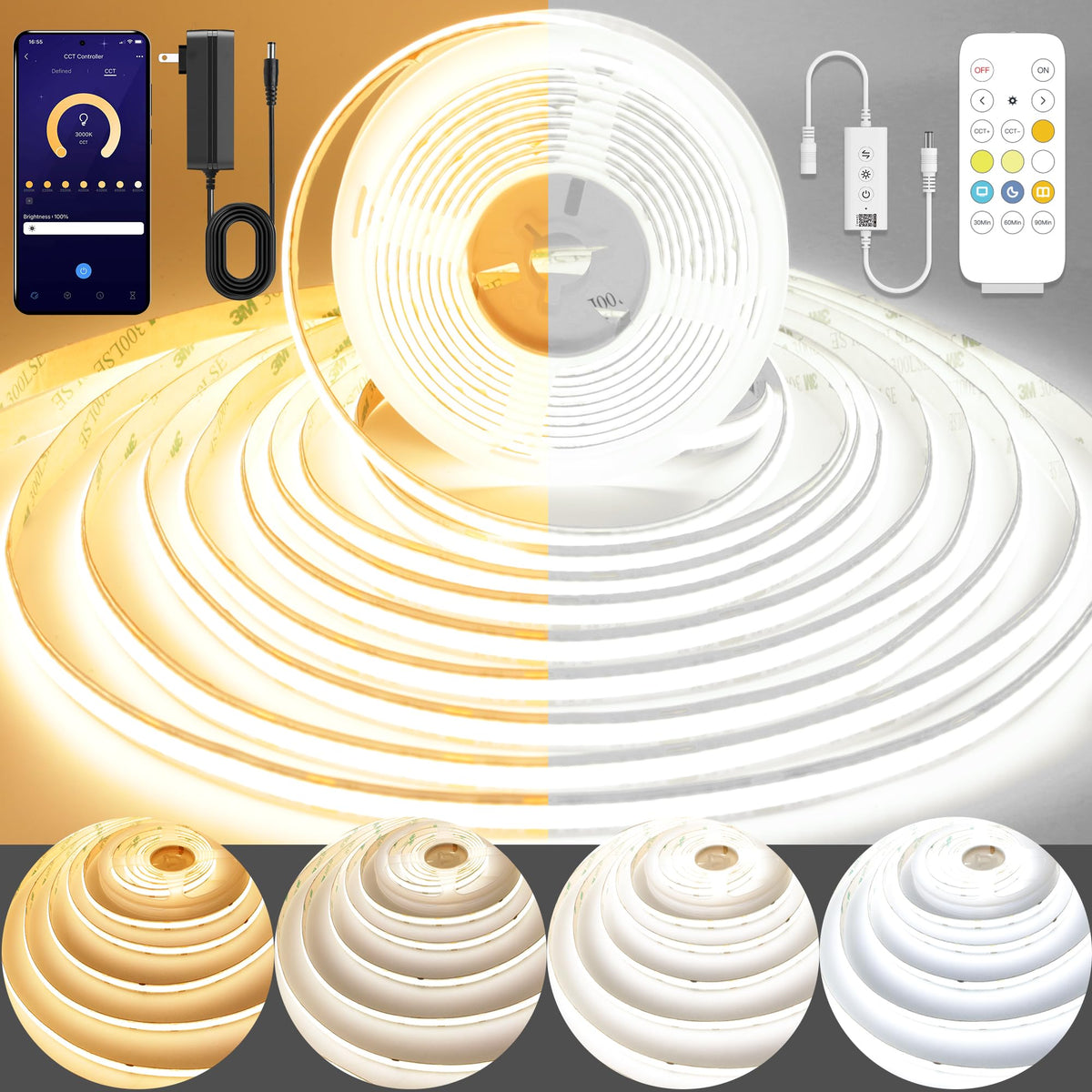 Pandery COB LED strip light shows warm to cool tones for ambient bedroom lighting.