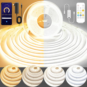 Pandery COB LED strip light shows warm to cool tones for ambient bedroom lighting.