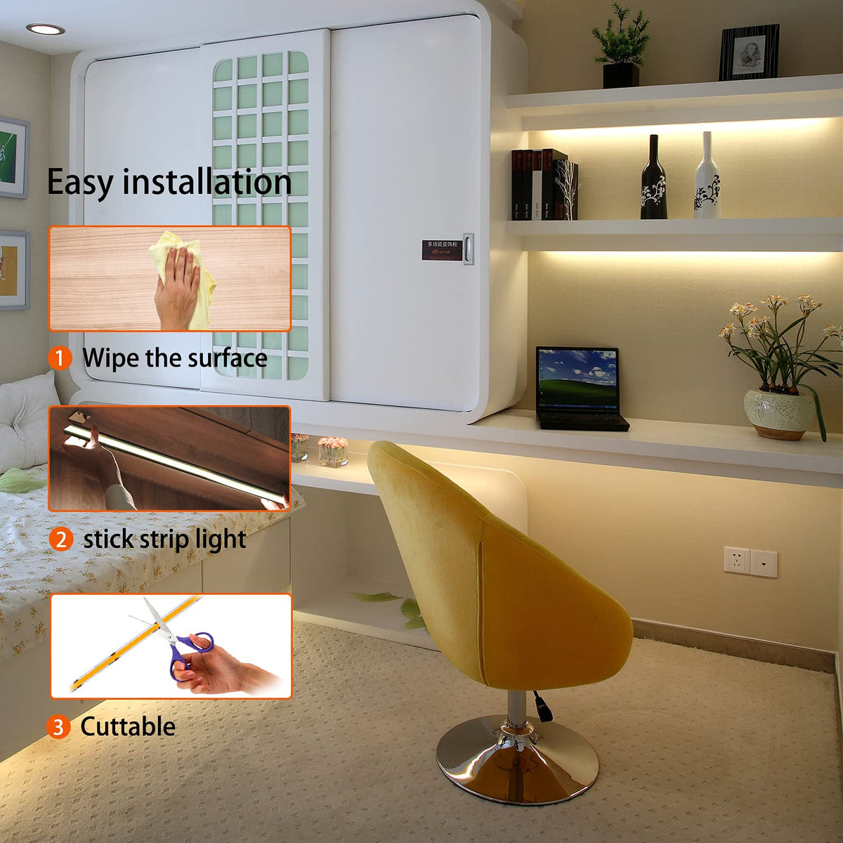 Pandery LED strip easy install with strong adhesive backing.