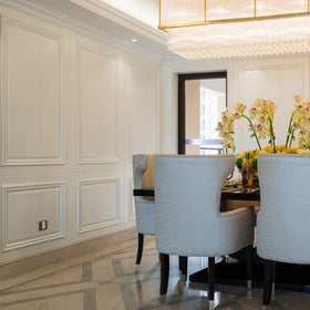 Pangda ready-to-paint wainscot panels invite personalized color and finish.