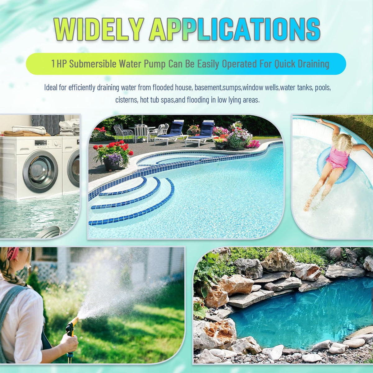 PANRANO pump shown for basements, pools, and ponds.