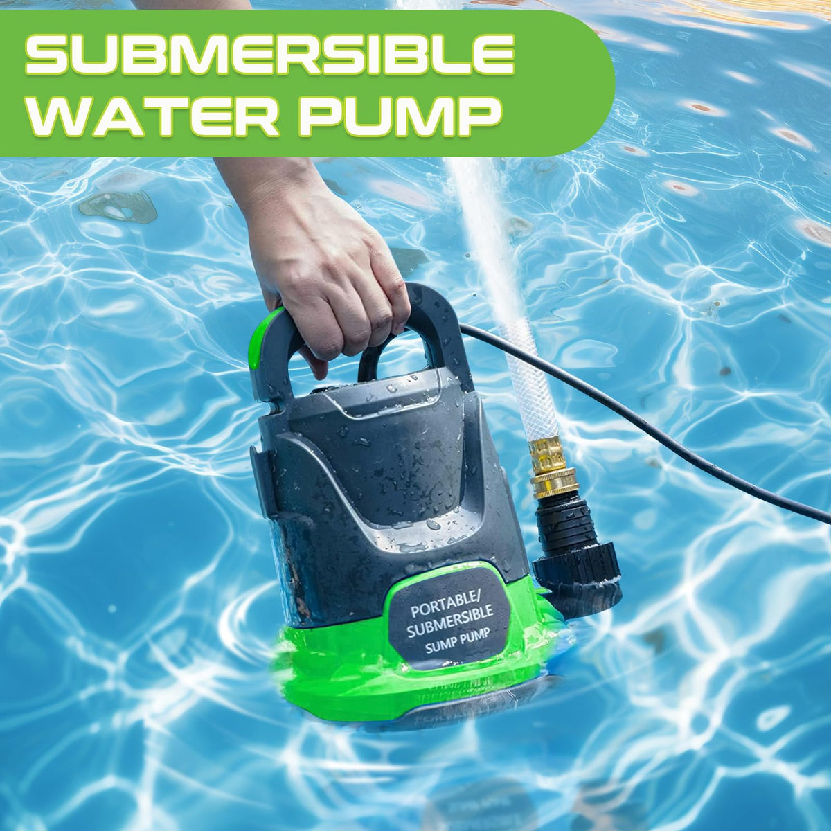 Panrano Sump Pump 1HP side view highlights portable water transfer capability.