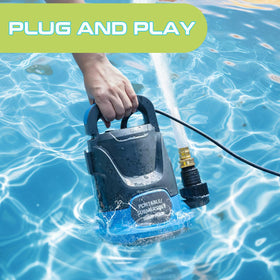 PanRano sump pump in use with water flow demonstrates efficient 3700 GPH draining.