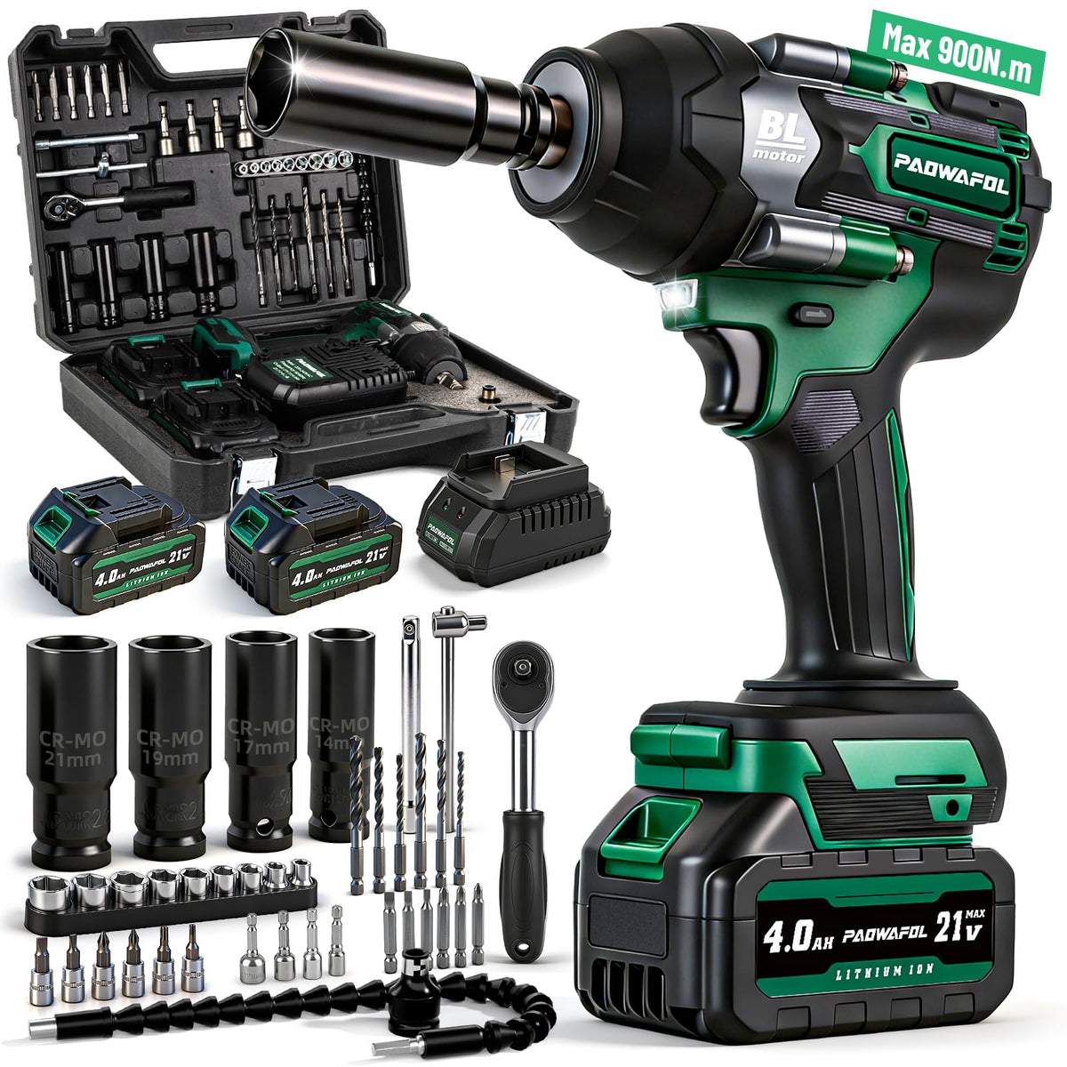 PAOWAFOL impact wrench showcasing 665 ft-lbs torque for tough lug nuts.