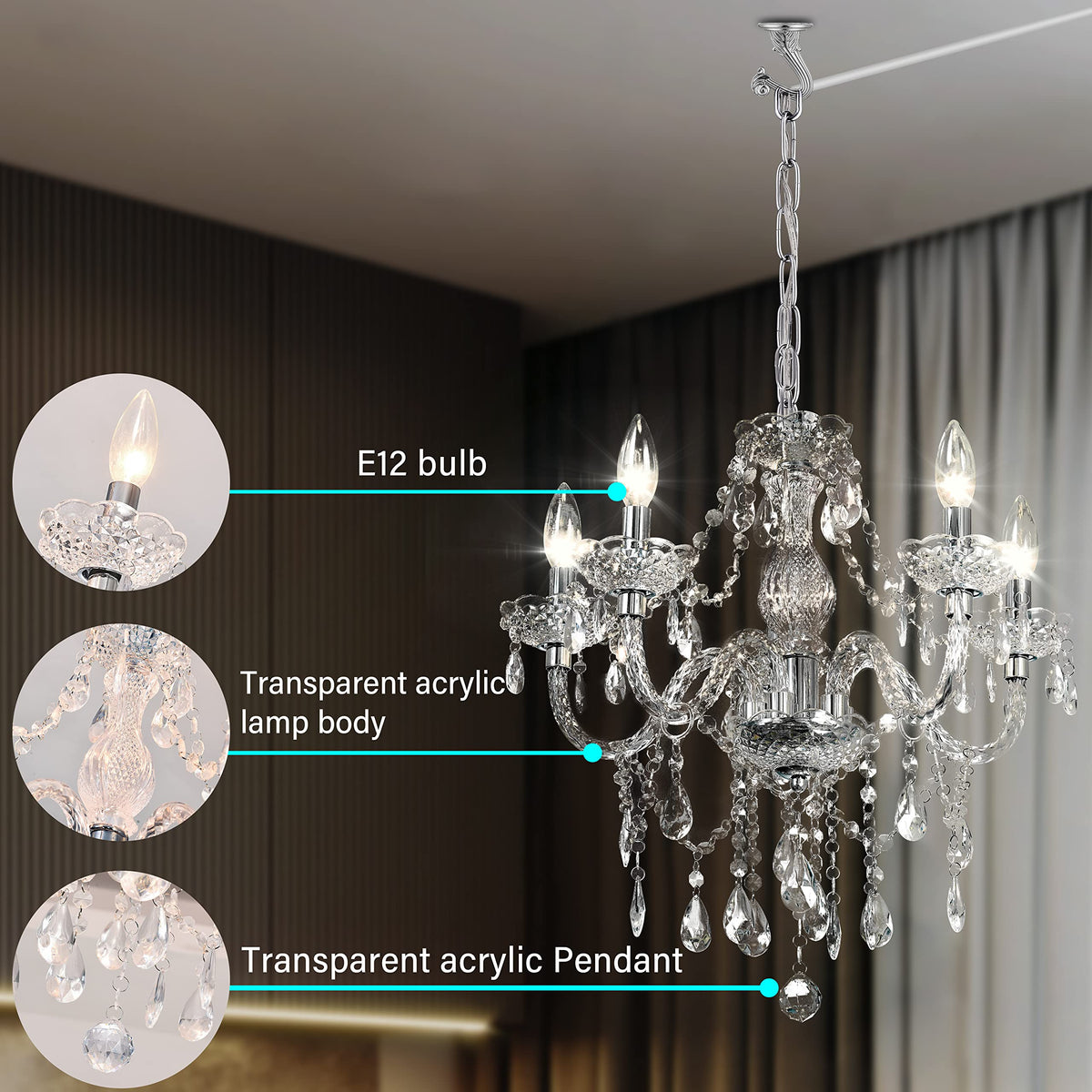 PAPAYA 5-light crystal pendant in dining area setting for stylish meals