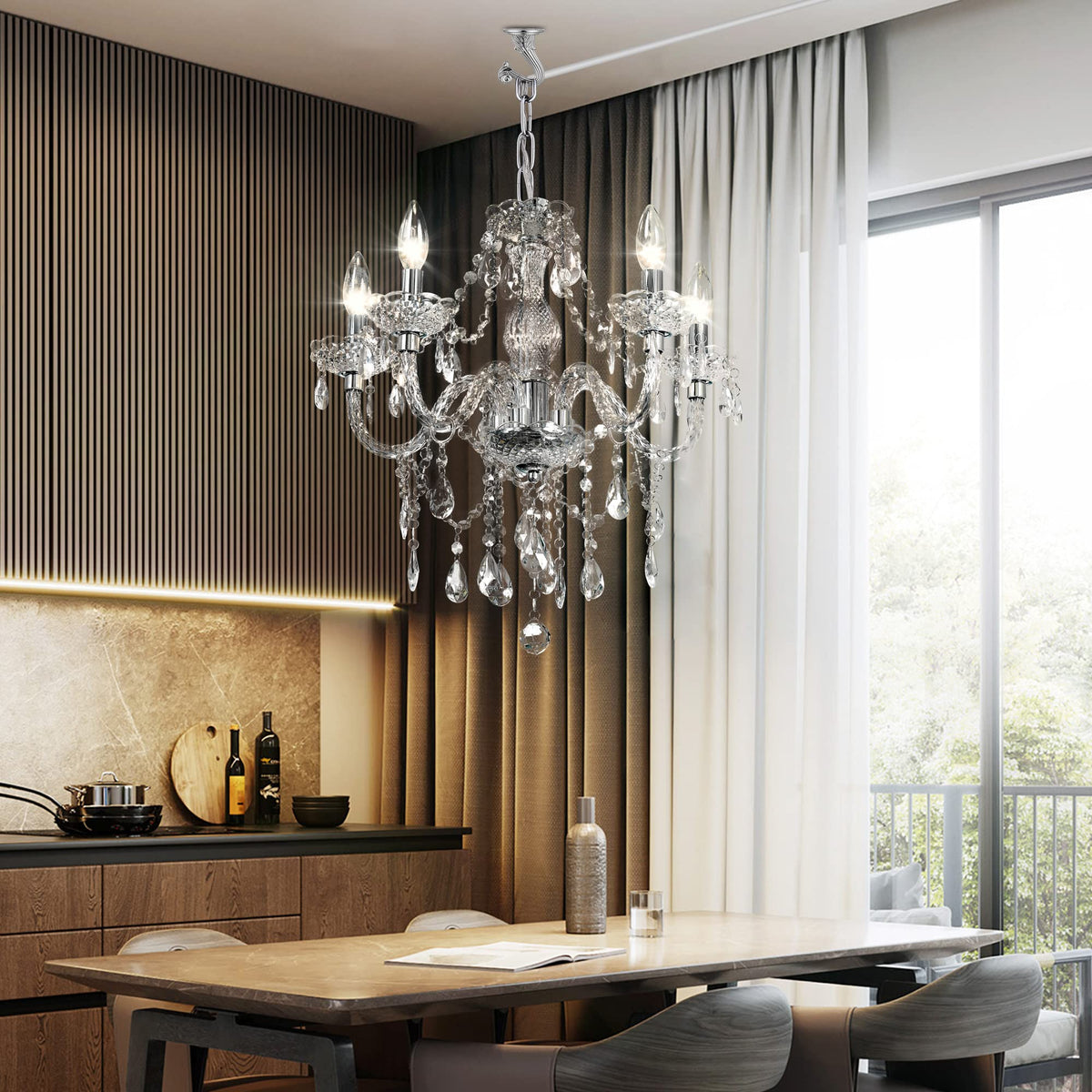 PAPAYA hanging chandelier in living room with warm inviting glow