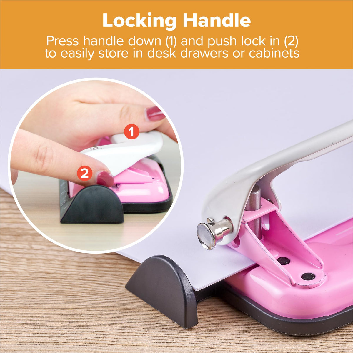 PaperPro inCOURAGE paper guide keeps documents steady for consistent holes.