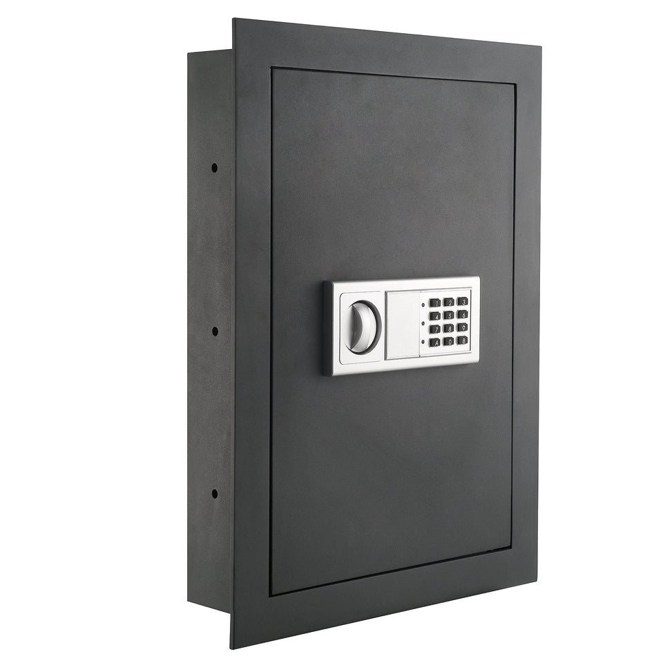 Paragon in-wall safe with electronic keypad securely stores documents and passports.
