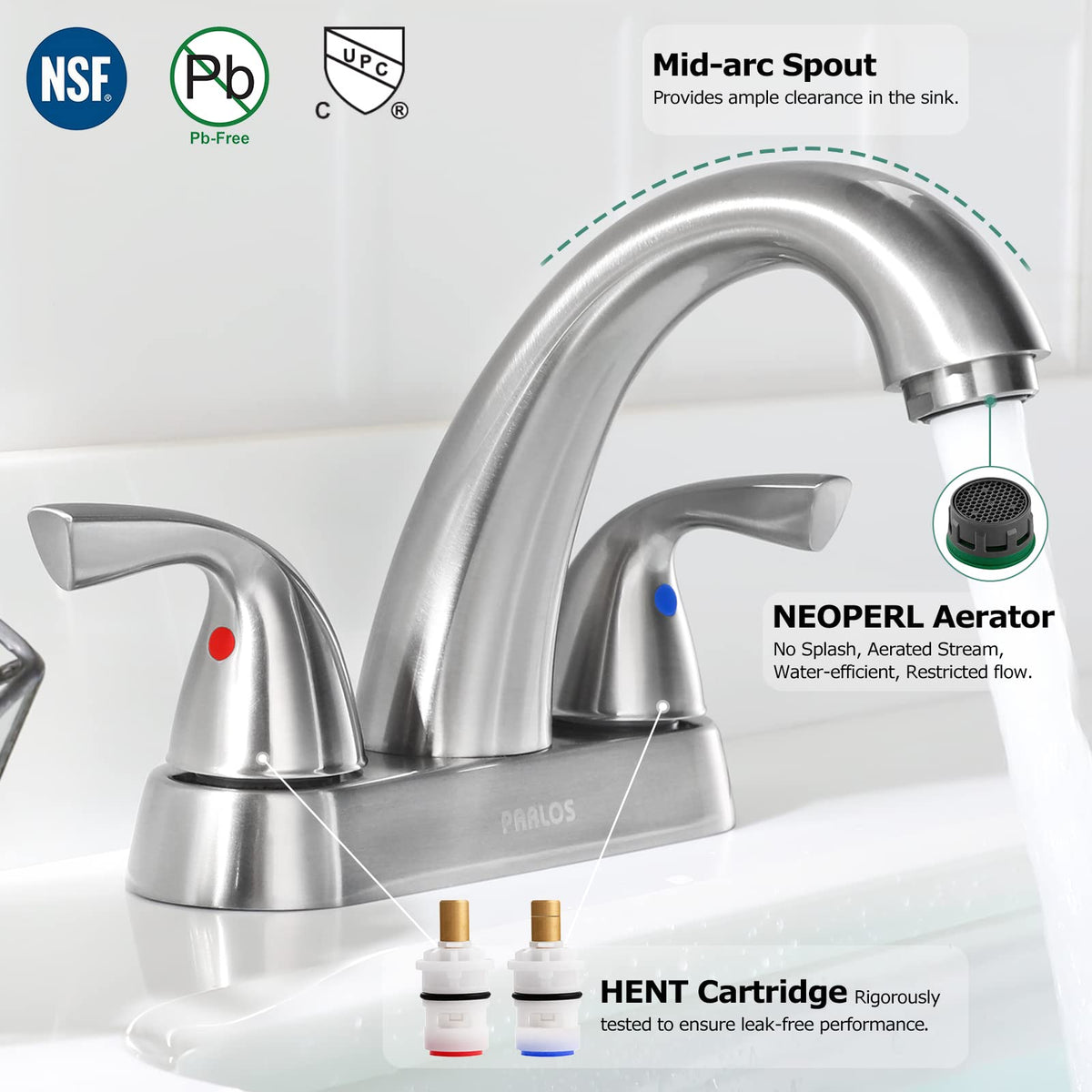 PARLOS brushed nickel deck-mounted faucet highlights durable style and easy cleaning.