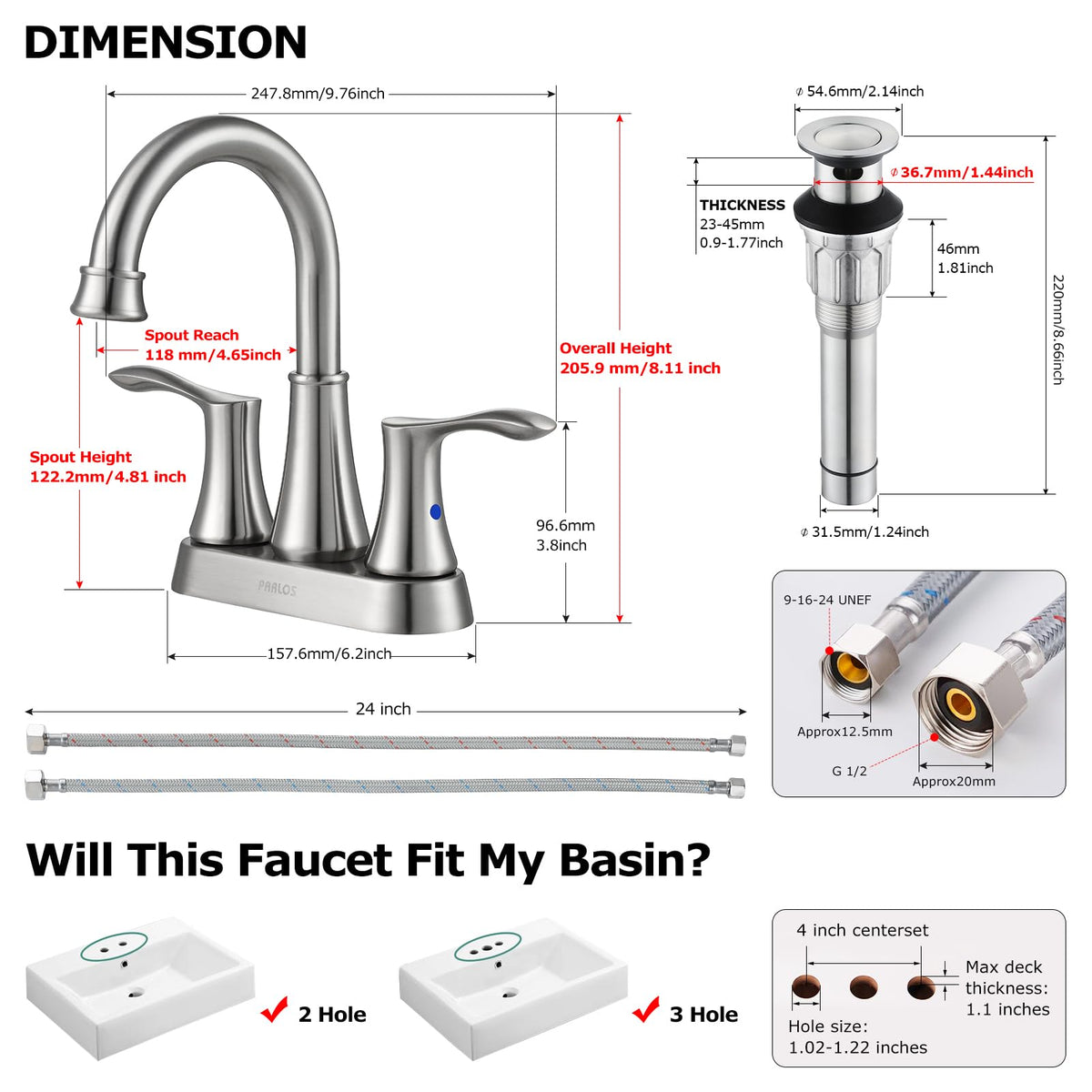 PARLOS Demeter 13627 metal pop-up drain assembly for smooth drainage