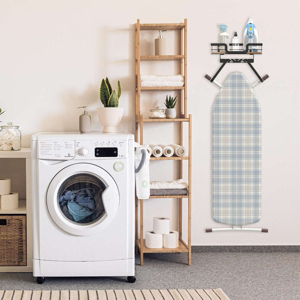 PAROTO black finish blends with laundry rooms for sleek storage.
