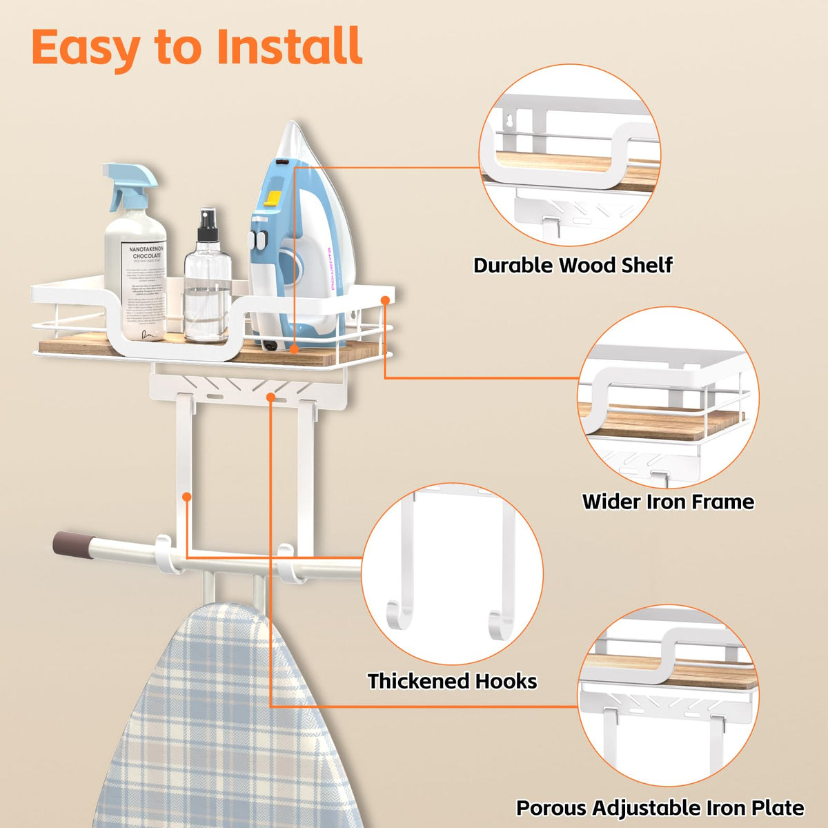 PAROTO wall-mounted metal frame with shelf provides convenient storage for iron and sprays.