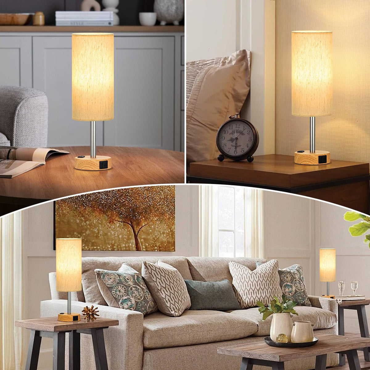 PartageiZ bedside lamps with wood base and round flaxen shade for desk or nightstand.