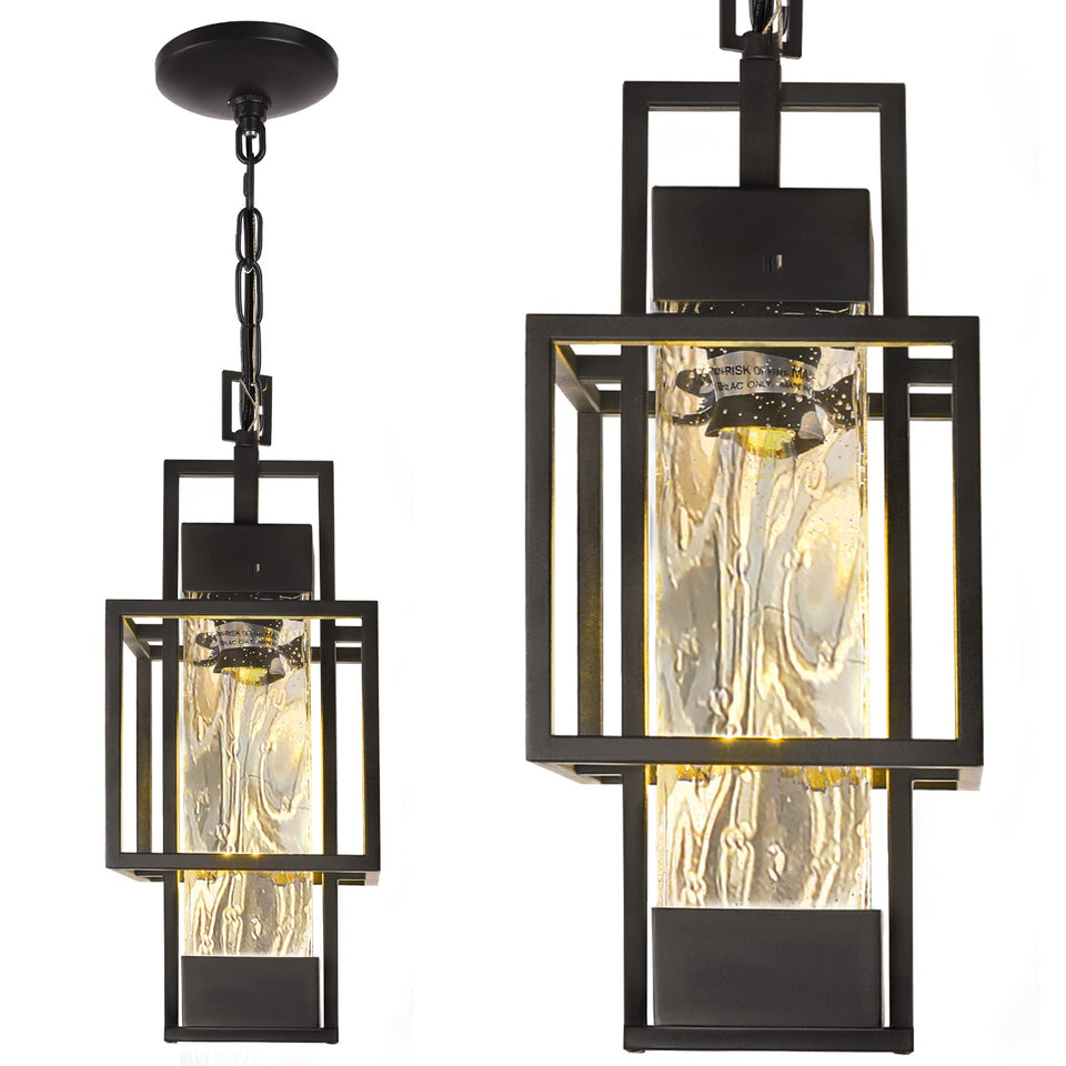 PARTPHONER 15-inch outdoor pendant light with black metal frame for welcoming porch lighting.
