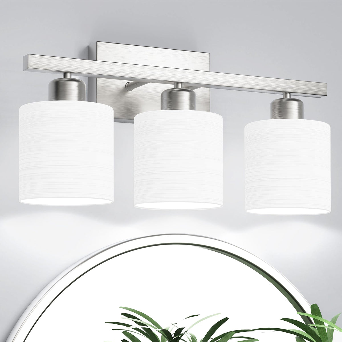 PARTPHONER 3-light brushed nickel bathroom light with textured opal shades for a modern mirror glow.