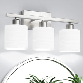 PARTPHONER 3-light brushed nickel bathroom light with textured opal shades for a modern mirror glow.
