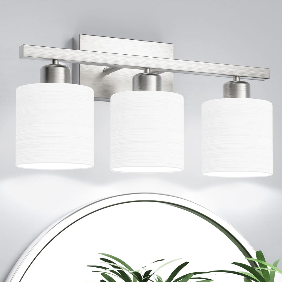 PARTPHONER 3-light brushed nickel bathroom light with textured opal shades for a modern mirror glow.