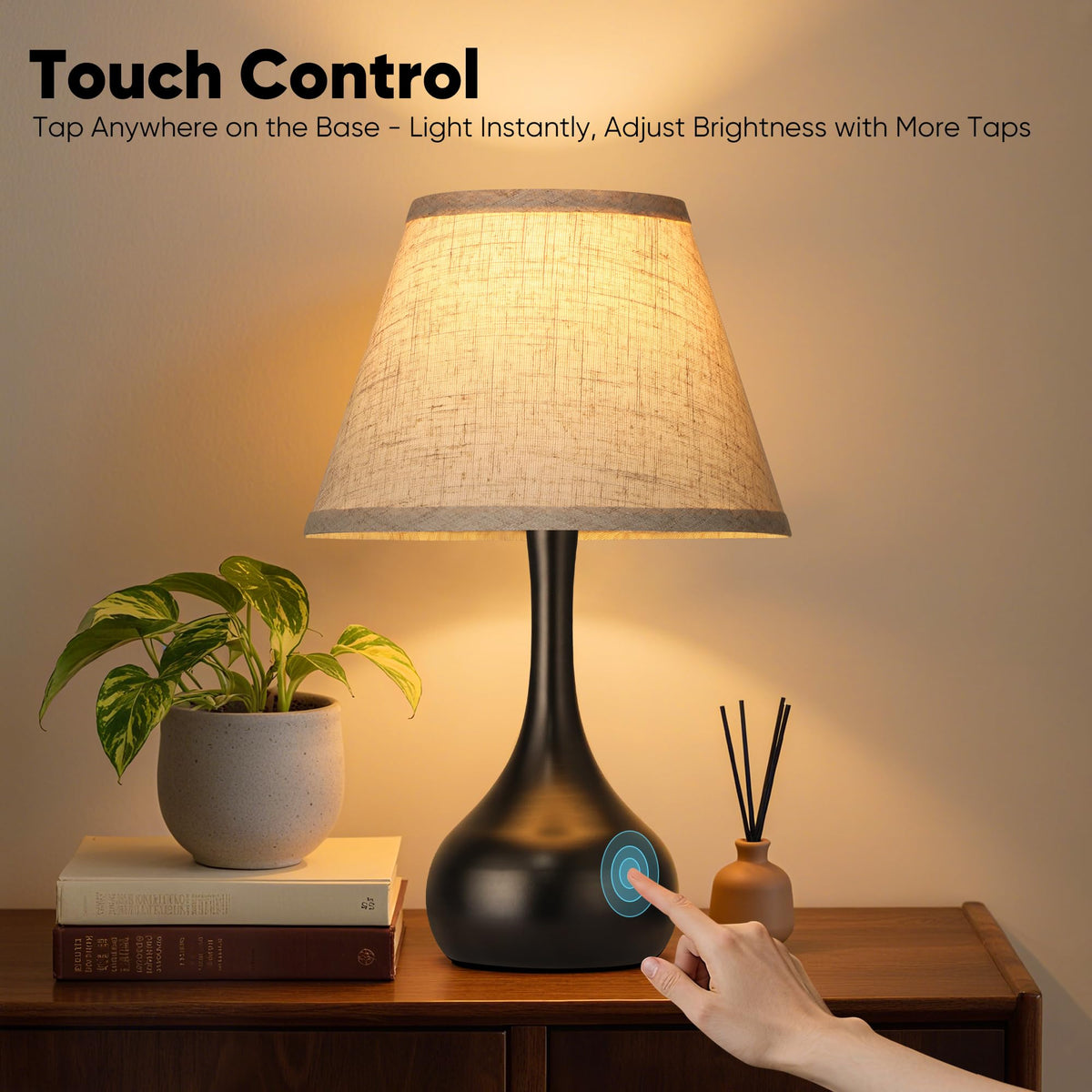 PARTPHONER 3-way dimmable lamp with beige linen shade for cozy reading.