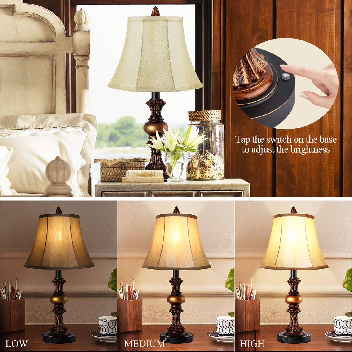 PARTPHONER bronze finish 3-way dimmable lamp enables adaptable lighting for any time.