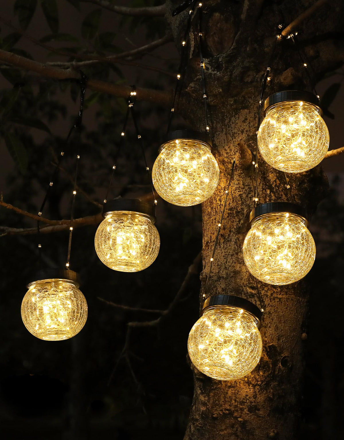 PARTPHONER cracked glass globe hanging lantern with ambient outdoor lighting