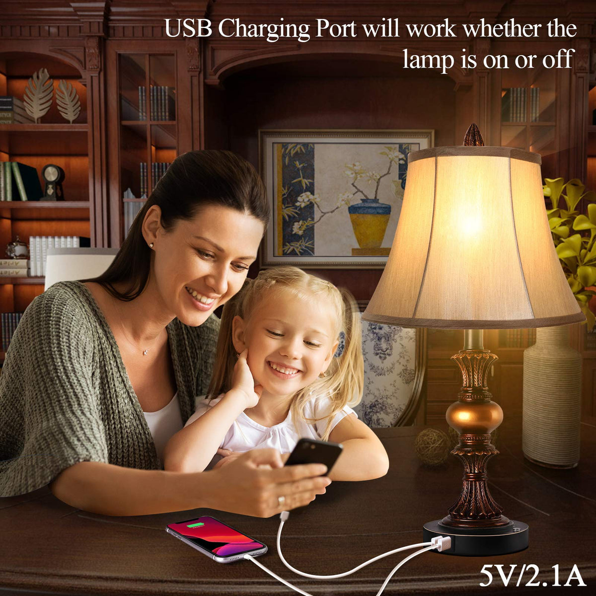 PARTPHONER lamp base includes dual USB ports for convenient device charging.