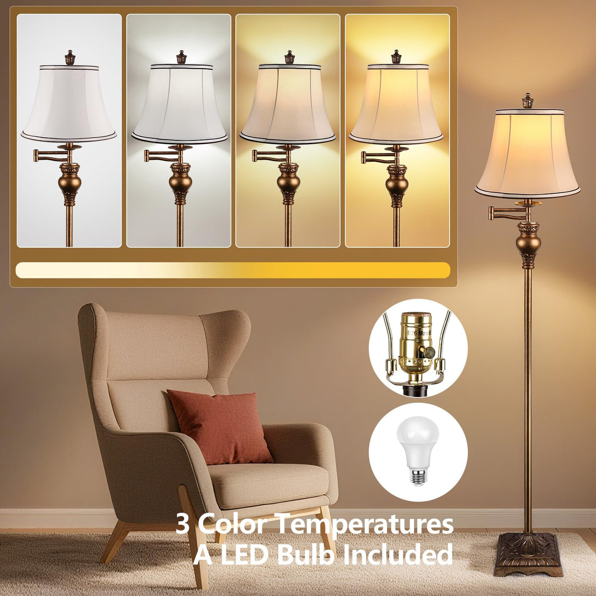 PARTPHONER Farmhouse-style lamp with 350° swing arm for flexible lighting.