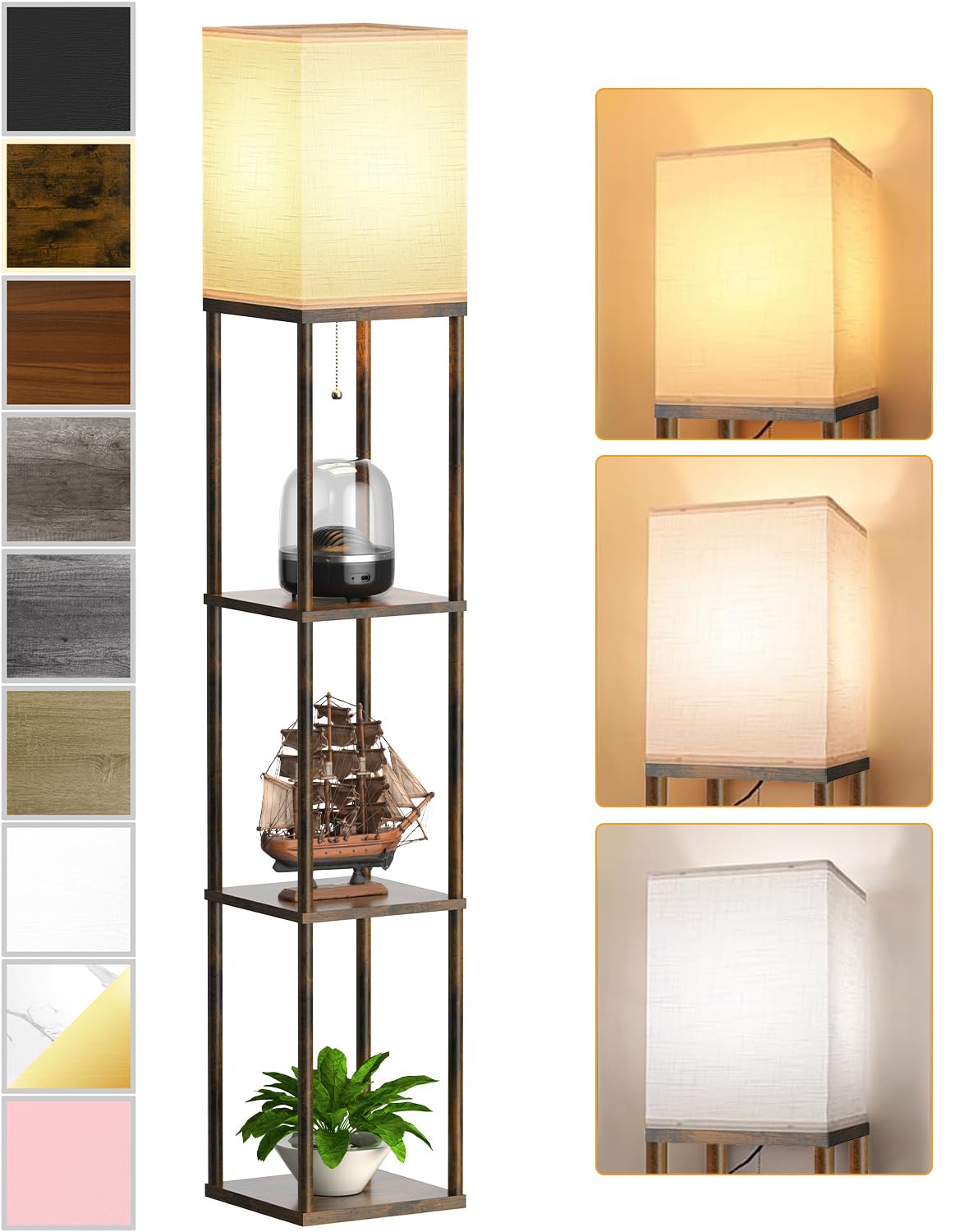 PARTPHONER floor lamp with shelves brown front view showing light and display space