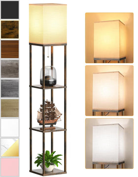 PARTPHONER floor lamp with shelves brown front view showing light and display space
