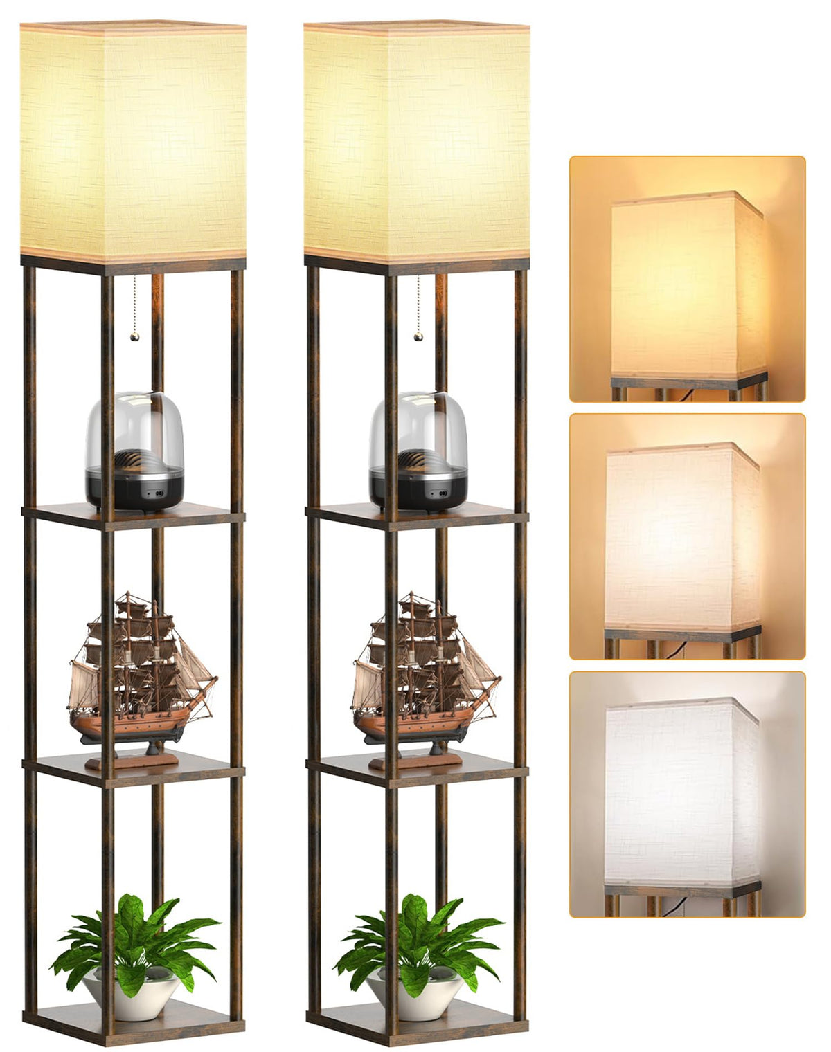 PARTPHONER floor lamp with shelves for living room, two-pack adds light and storage