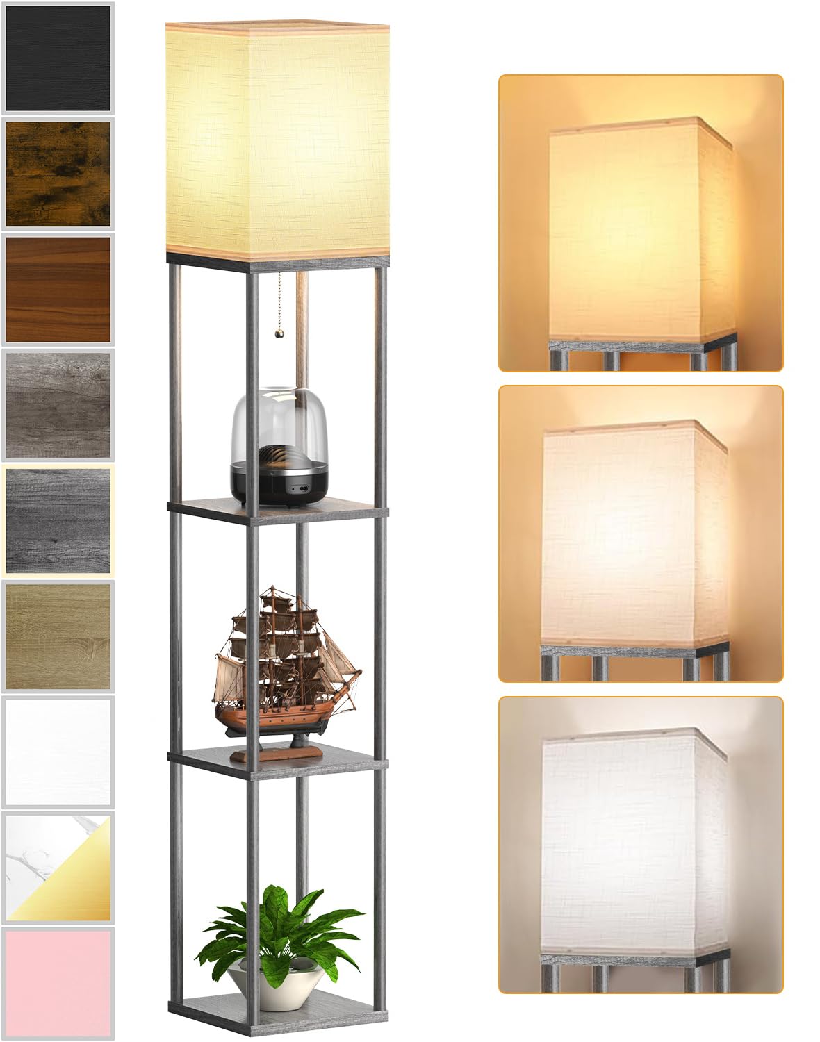 PARTPHONER floor lamp with open top shelves brightens a living room.