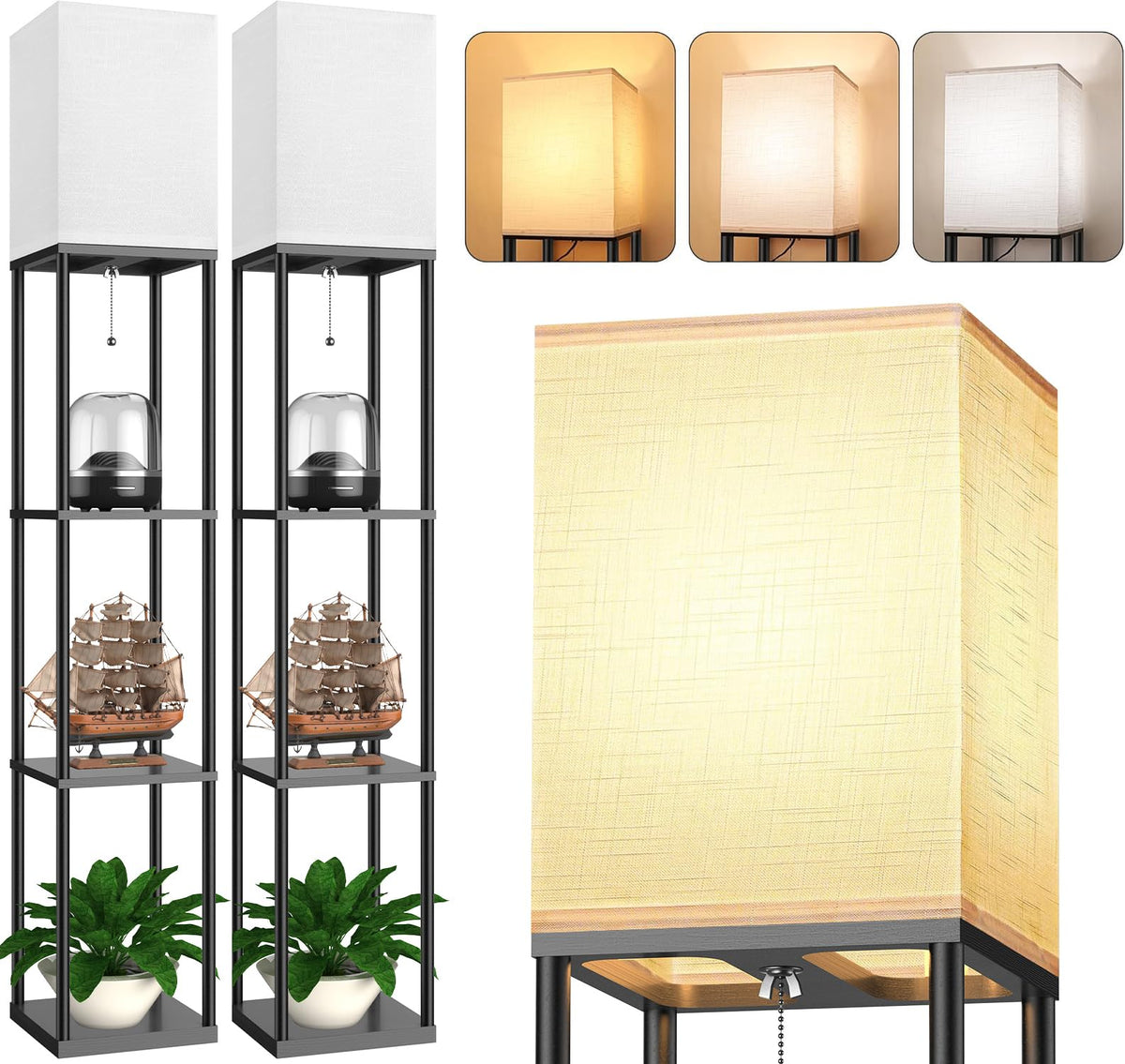 PARTPHONER floor lamp with open-top shelves provides bright illumination and display space.
