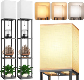 PARTPHONER floor lamp with open-top shelves provides bright illumination and display space.