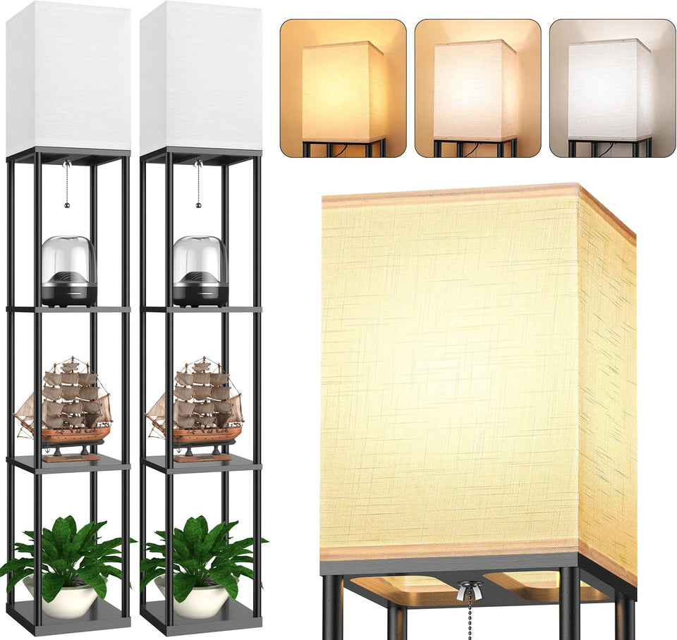 PARTPHONER floor lamp with open-top shelves provides bright illumination and display space.