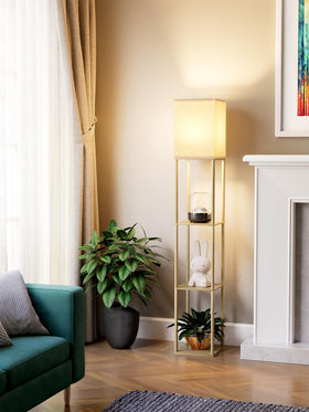 PARTPHONER floor lamp with shelves in natural wood and white linen shade for ambiance
